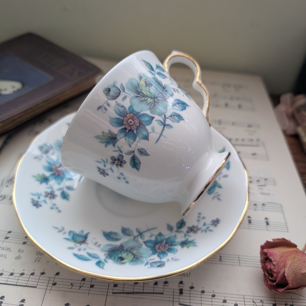 Queen Anne Blue Floral Teacup and Saucer Set with Gold Trim - Picture 2 of 10